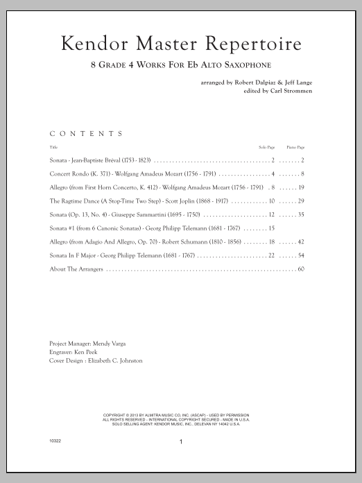 Kendor Master Repertoire Alto Saxophone Piano Sheet Music Jeff Lange Woodwind Solo