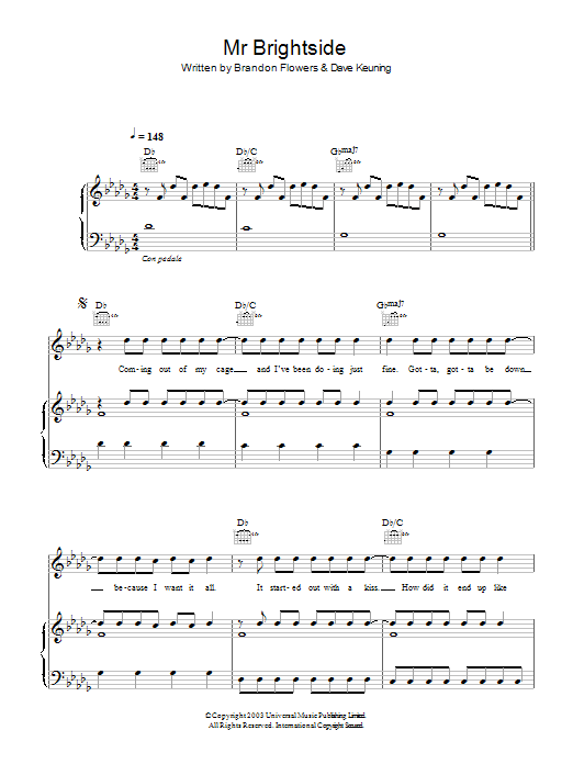 Mr Brightside By The Killers Sheet Music For Piano Vocal Guitar 