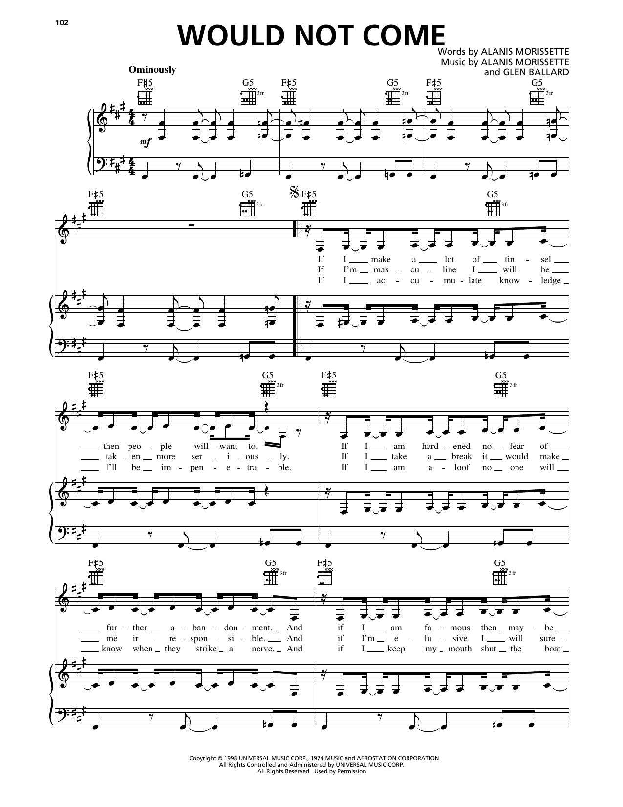 Would Not Come: Piano/Vocal/Guitar Sheet