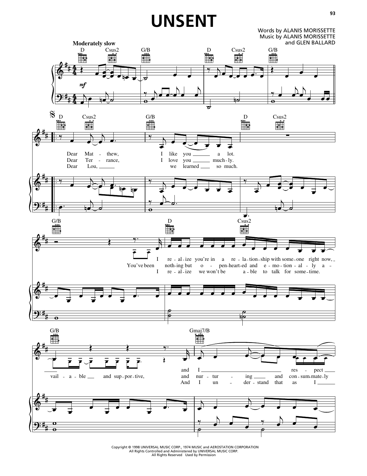 Unsent: Piano/Vocal/Guitar Sheet