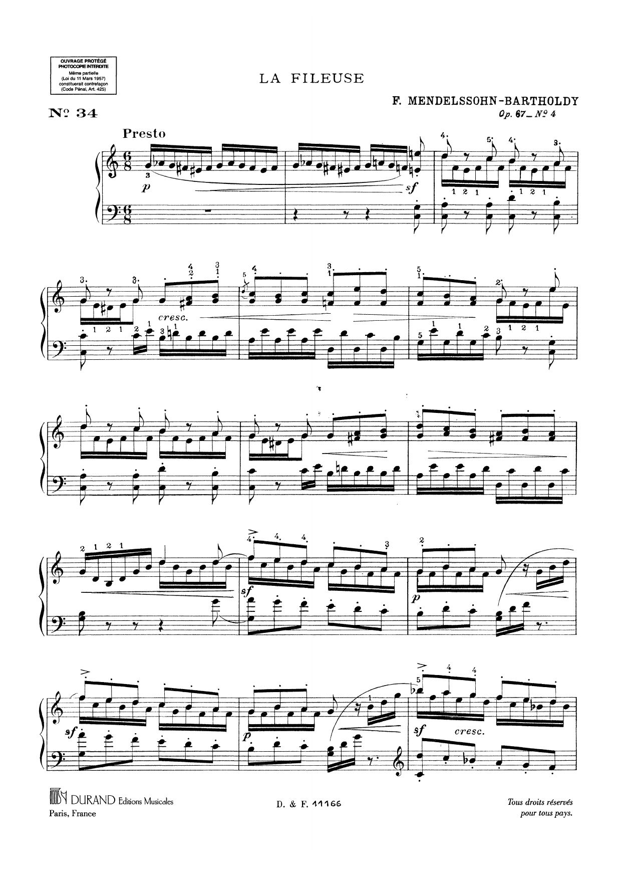 La Fileuse, Opus 67 no 4: Piano/Vocal/Guitar Sheet