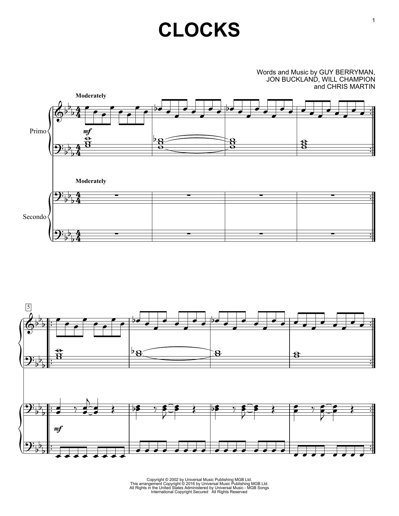 Clocks By Coldplay Sheet Music For Piano Duet At Sheet Music Direct