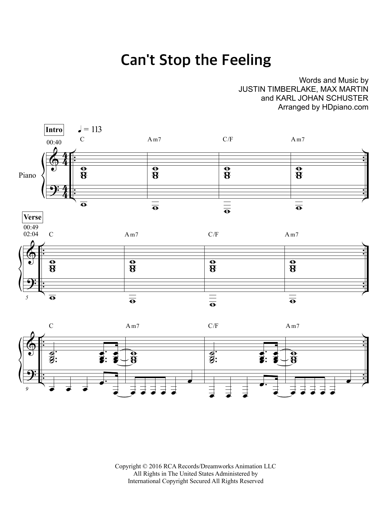 Can't Stop The Feeling Sheet Music Direct