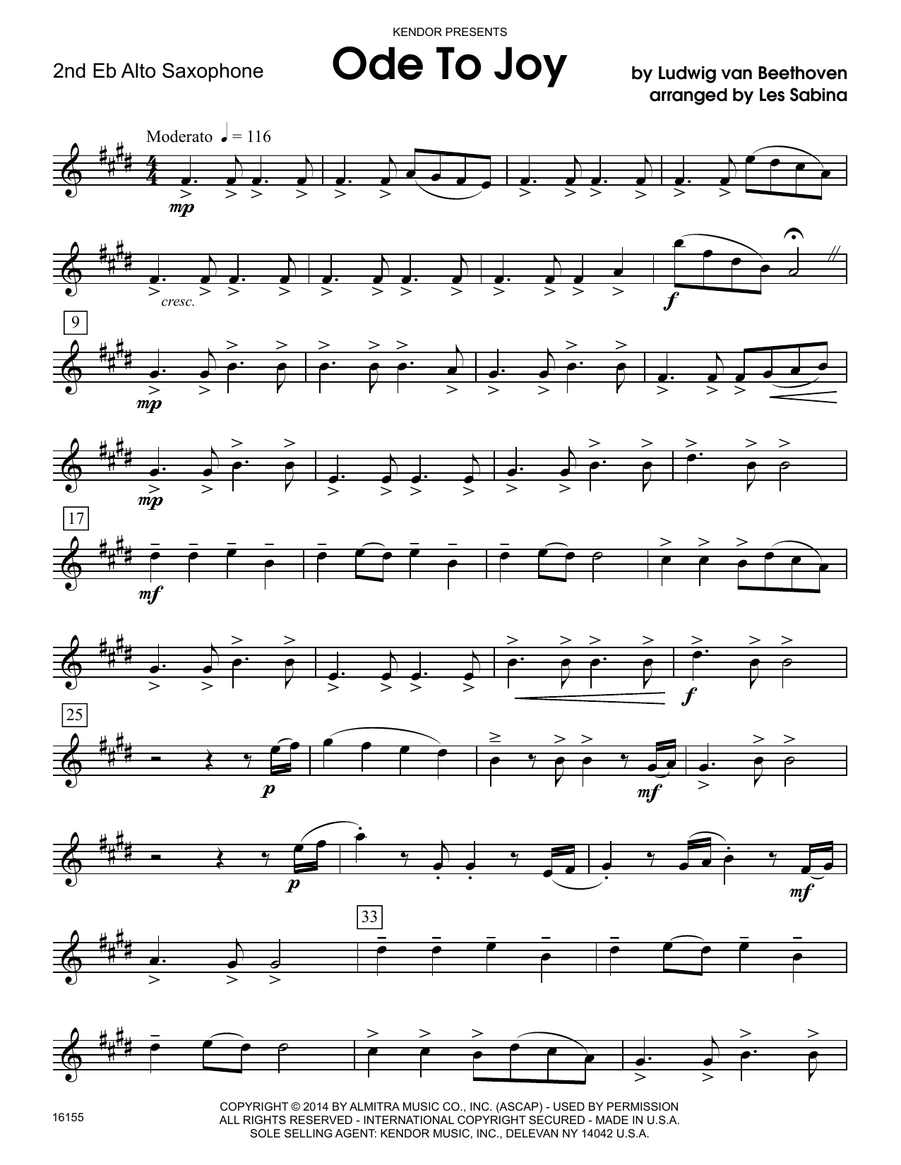 Ode To Joy 2nd Eb Alto Saxophone Sheet Music Les Sabina Woodwind