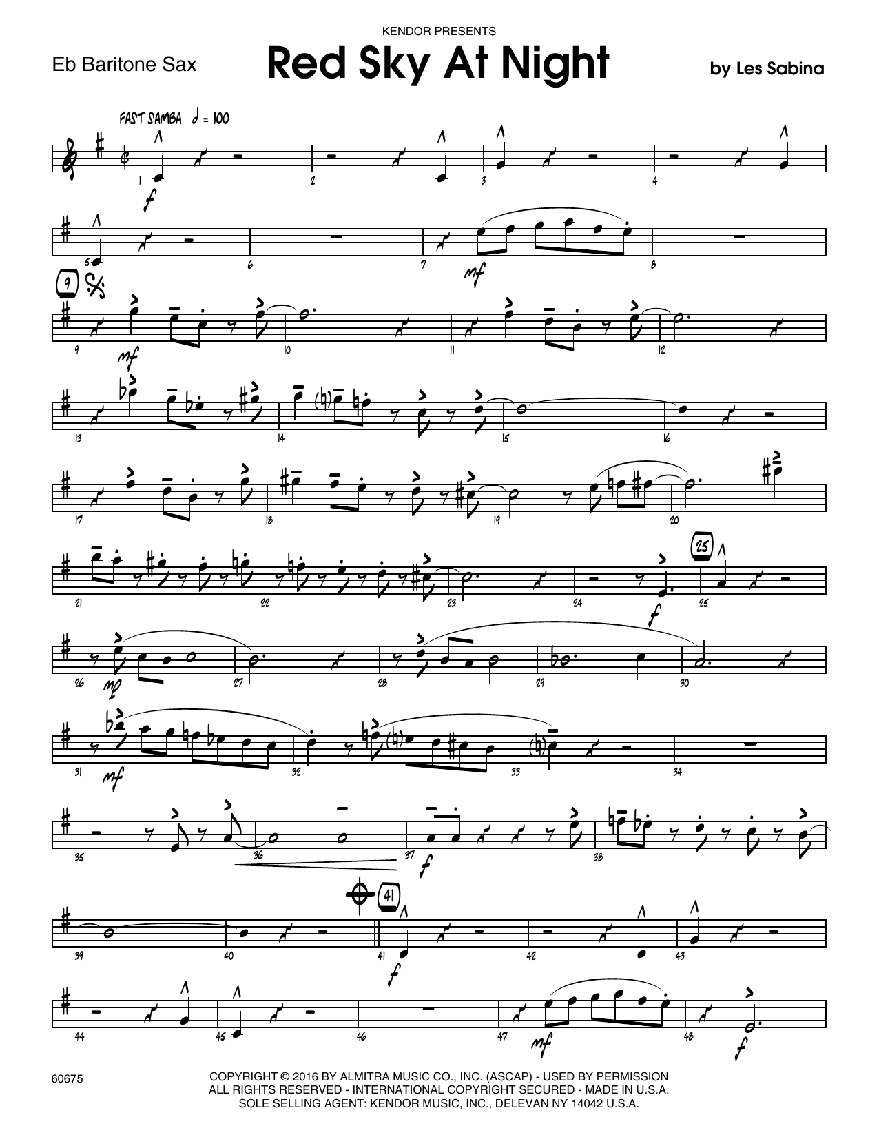 Red Sky At Night Eb Baritone Saxophone Sheet Music Les Sabina