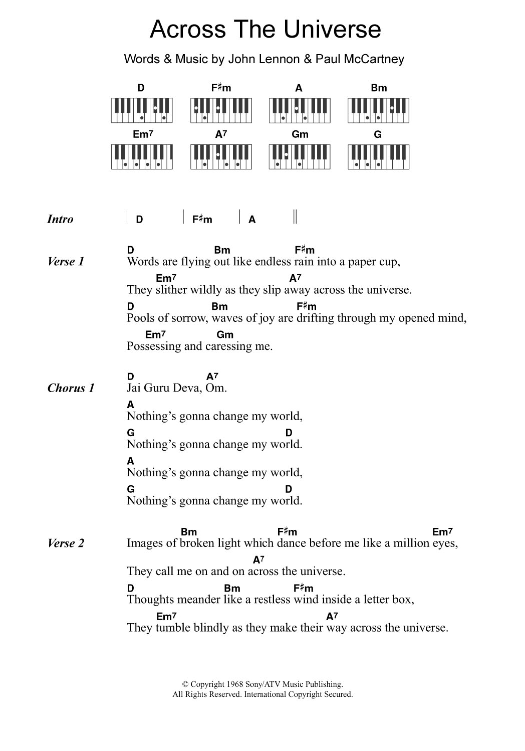 Across The Universe By The Beatles Sheet Music For Piano Chords Lyrics 