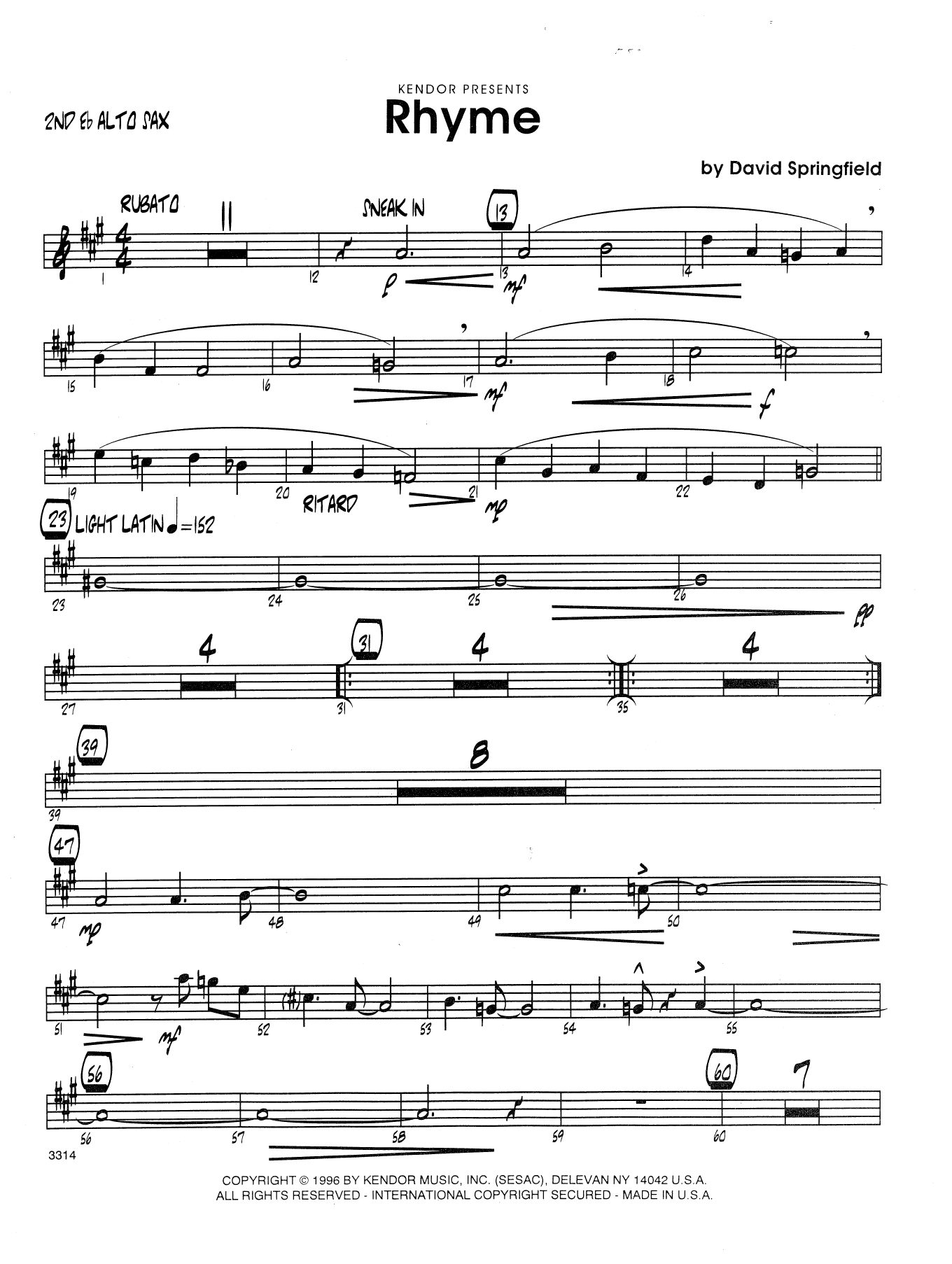 Rhyme 2nd Eb Alto Saxophone Sheet Music Dave Springfield Jazz