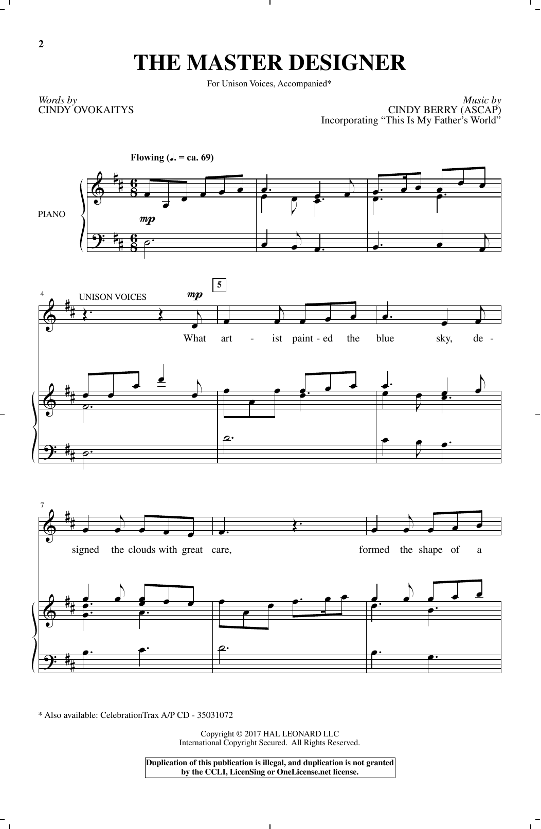 The Master Designer Sheet Music Cindy Berry Unison Choir