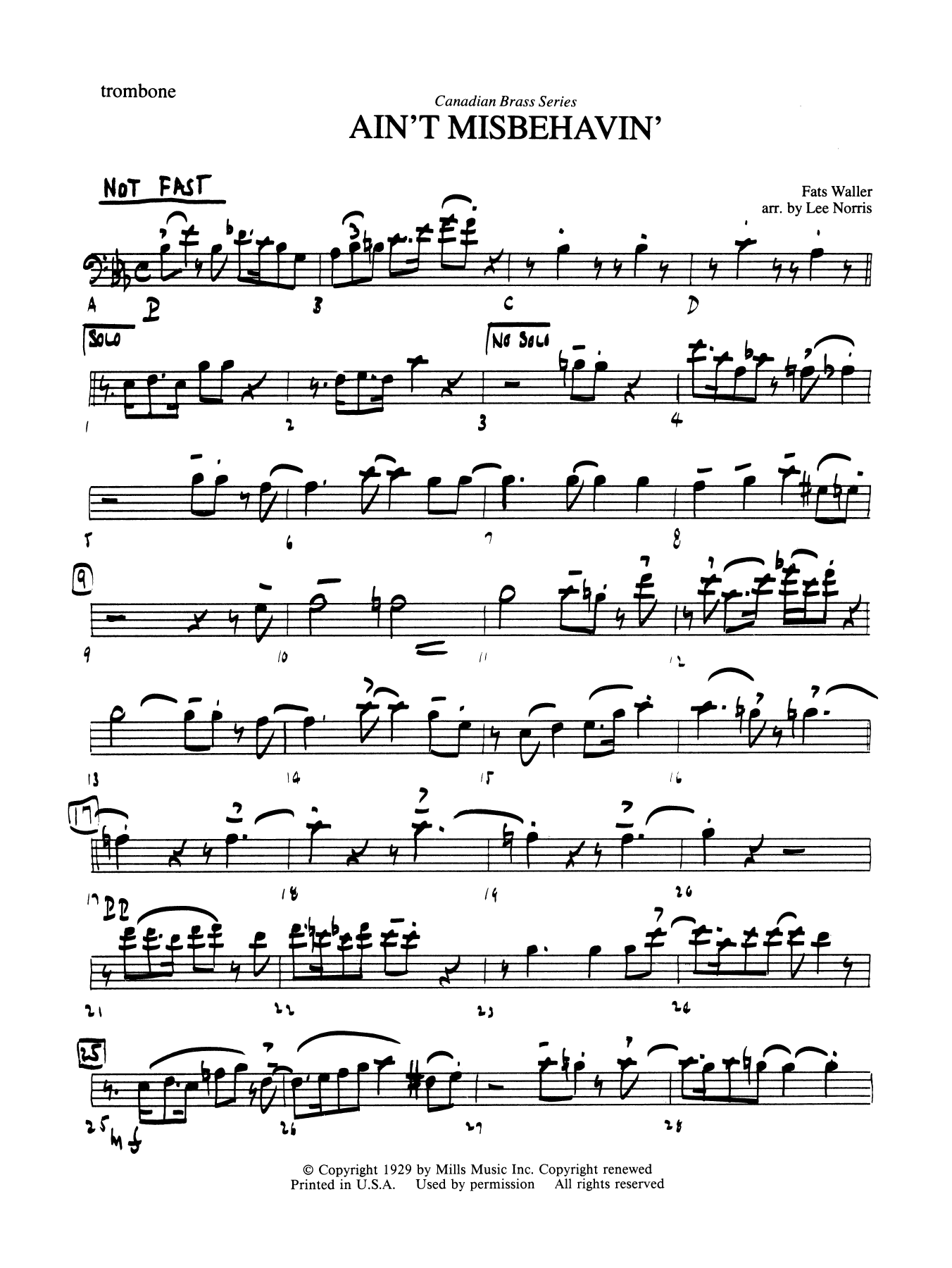 Ain t Misbehavin Trombone B C Sheet Music Lee Norris Brass 