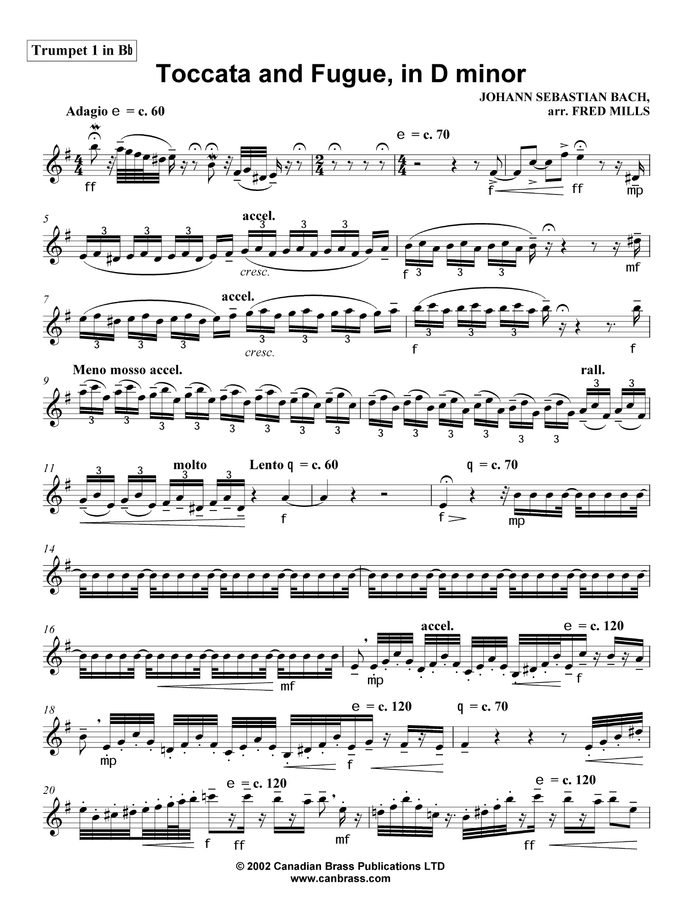 Toccata And Fugue In D Minor Bb Trumpet 1 Brass Quintet By Fred 