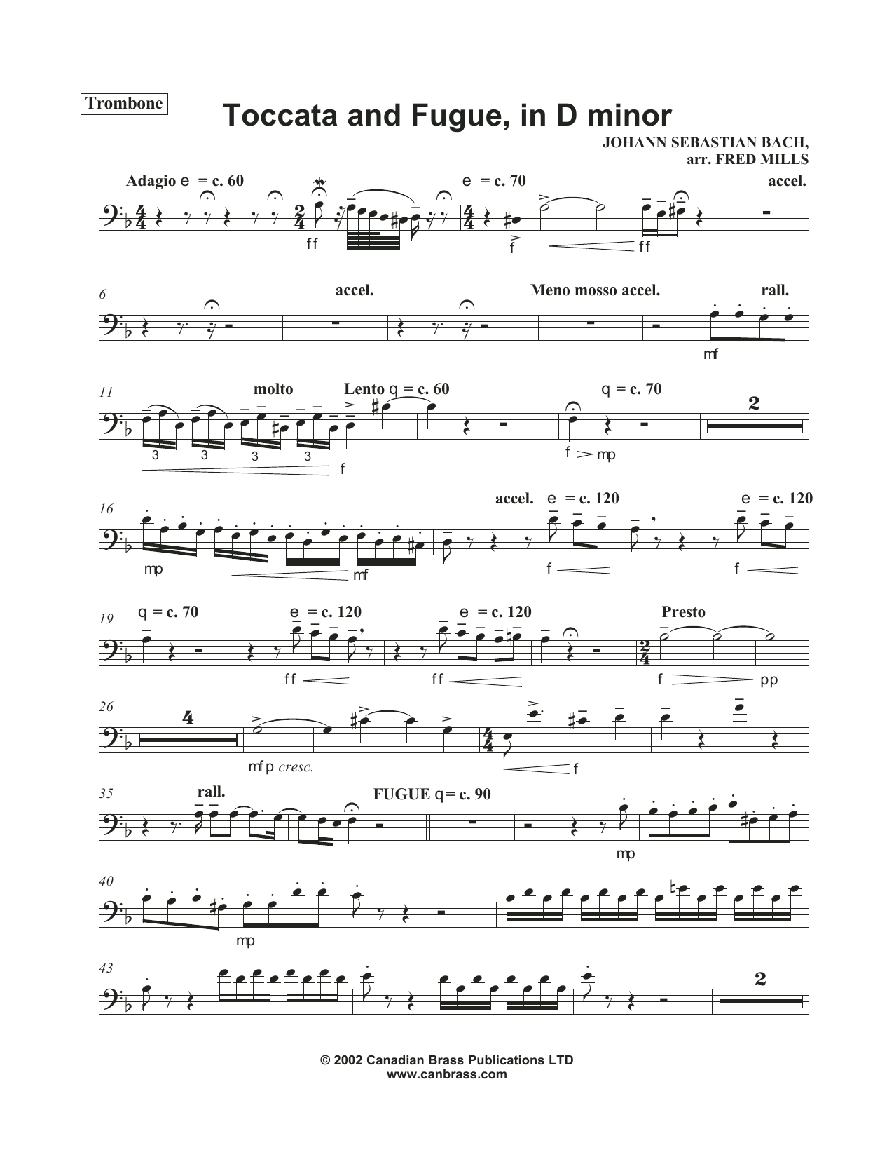 Toccata And Fugue In D Minor Trombone B C By Fred Mills Sheet 
