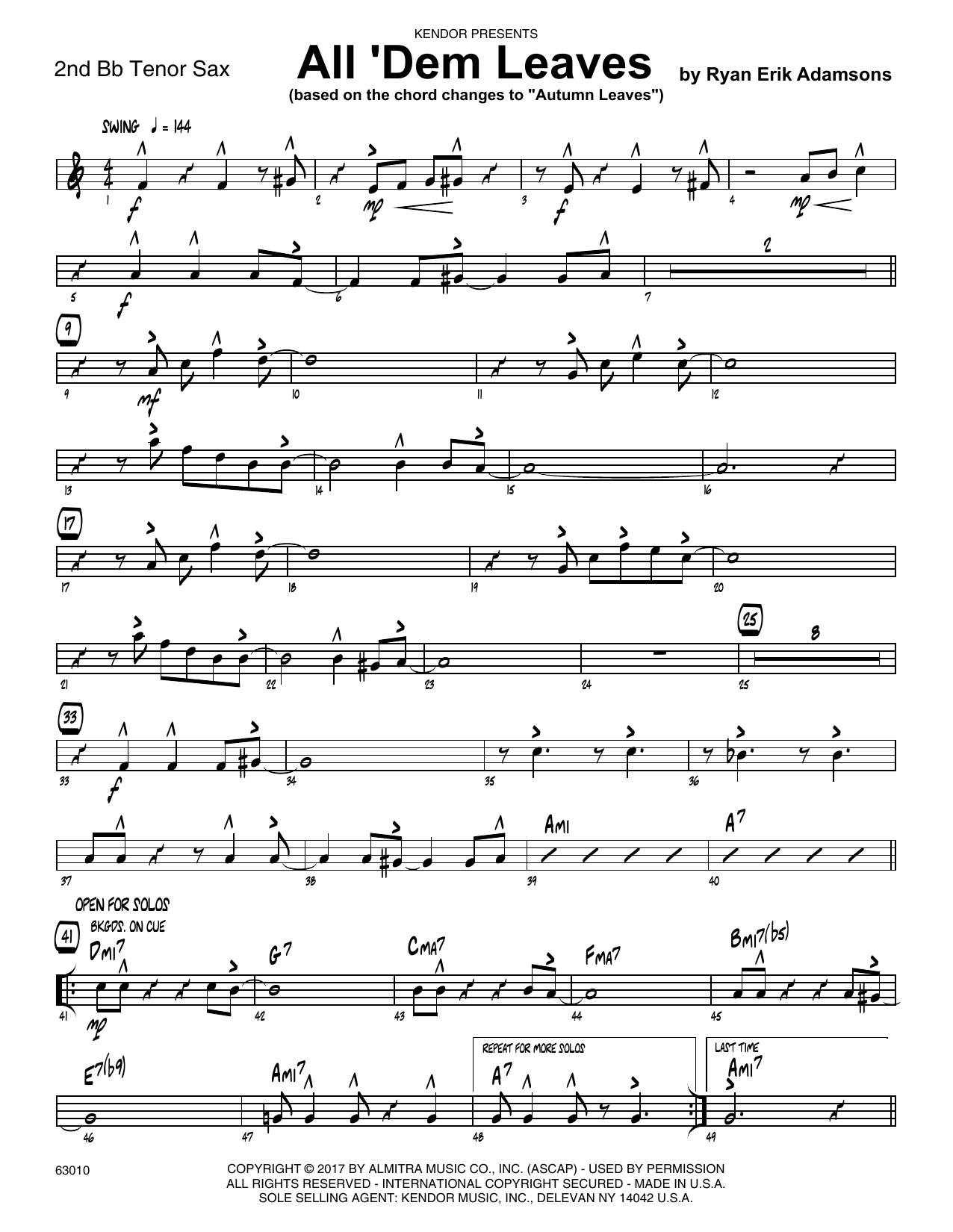 All Dem Leaves Based On The Chord Changes To Autumn Leaves 2nd Bb Tenor Saxophone Sheet Music Ryan Erik Adamsons Jazz Ensemble
