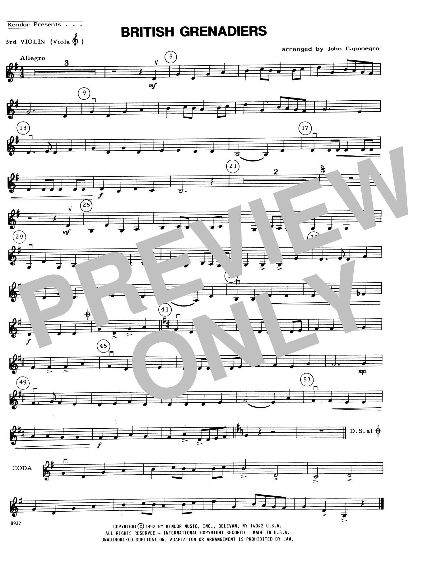 British Grenadiers Violin 3 (Viola T.C.) Sheet Music John Caponegro