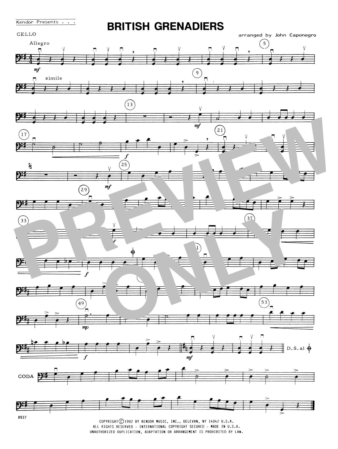British Grenadiers Cello Sheet Music John Caponegro Orchestra
