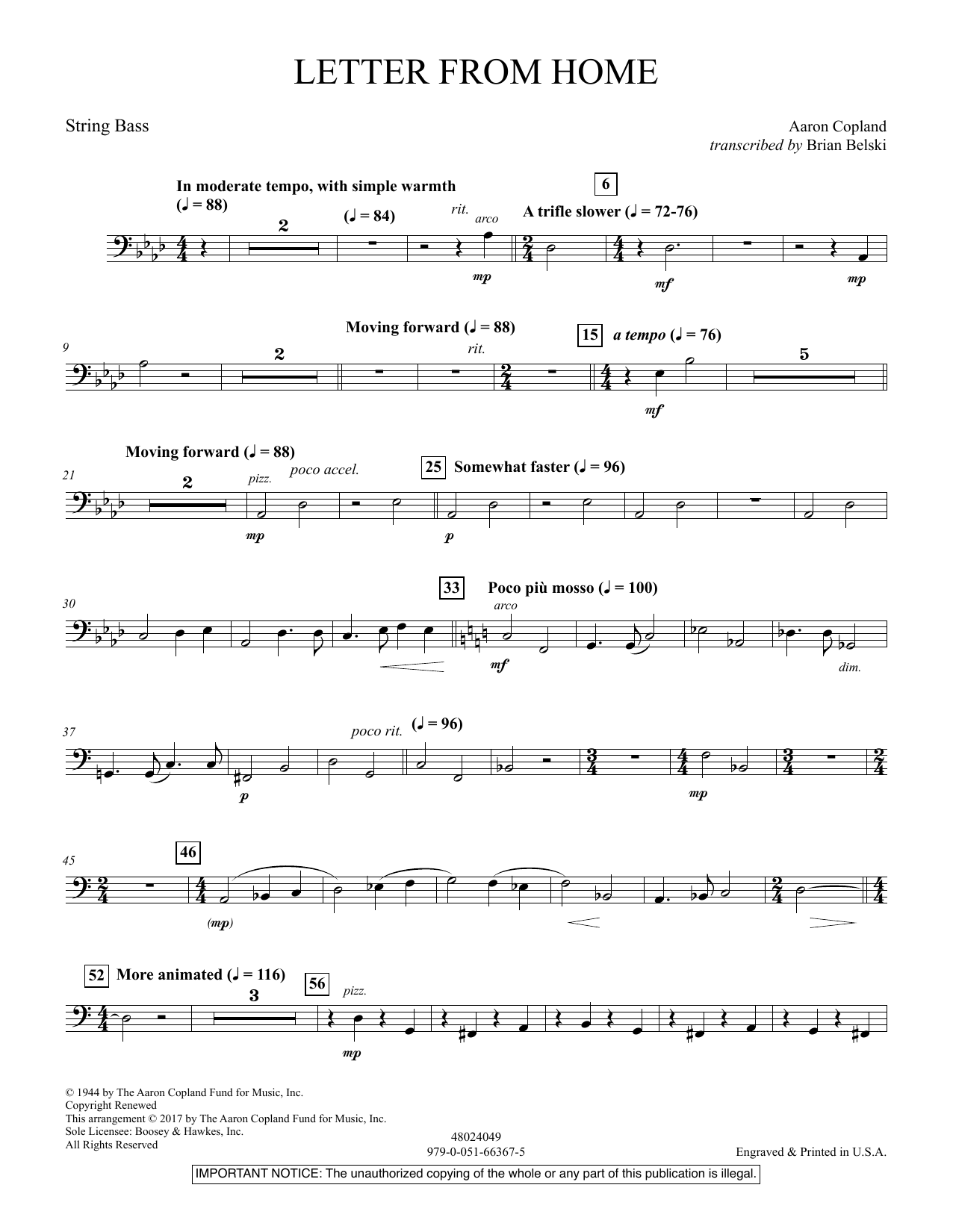 Letter from Home String Bass (Concert Band) Print Sheet Music Now