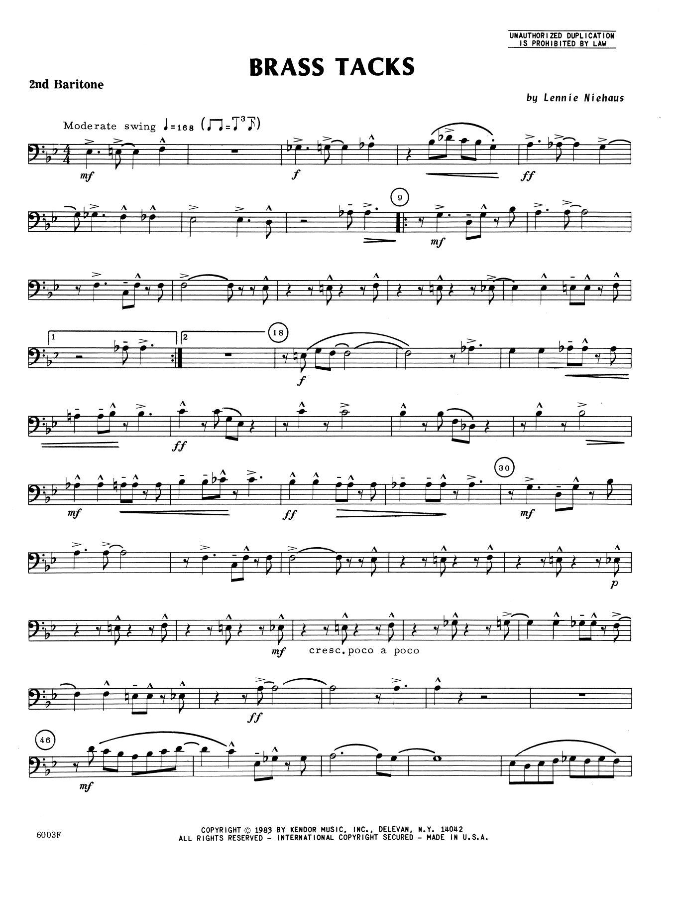 Brass Tacks 2nd Baritone B.C. Sheet Music Lennie Niehaus Brass