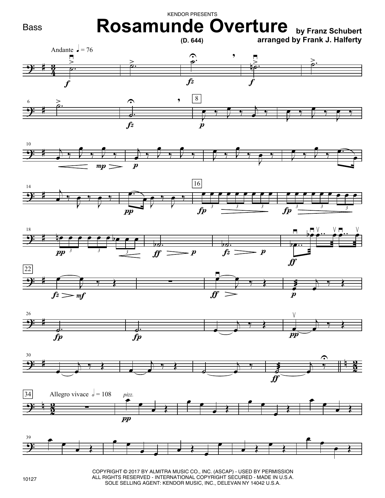 Rosamunde Overture (D. 644) Bass Sheet Music Frank J. Halferty