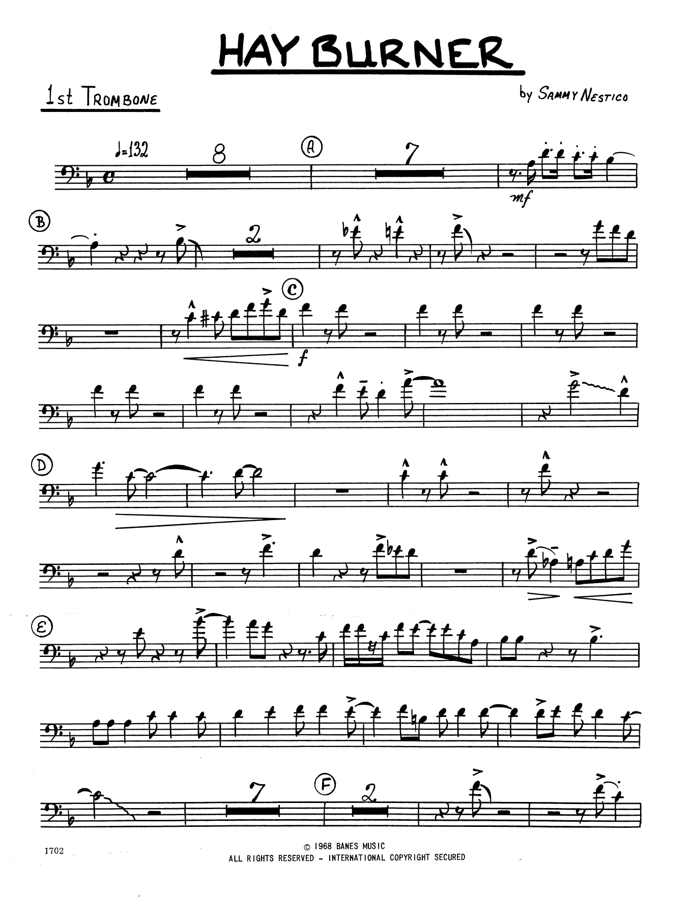Hay Burner 1st Trombone Sheet Music Sammy Nestico Jazz Ensemble