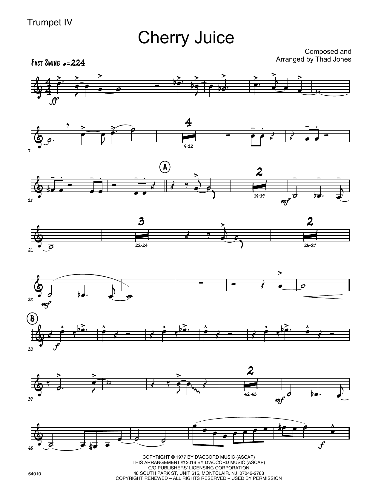 Cherry Juice 4th Bb Trumpet Sheet Music Thad Jones Jazz Ensemble