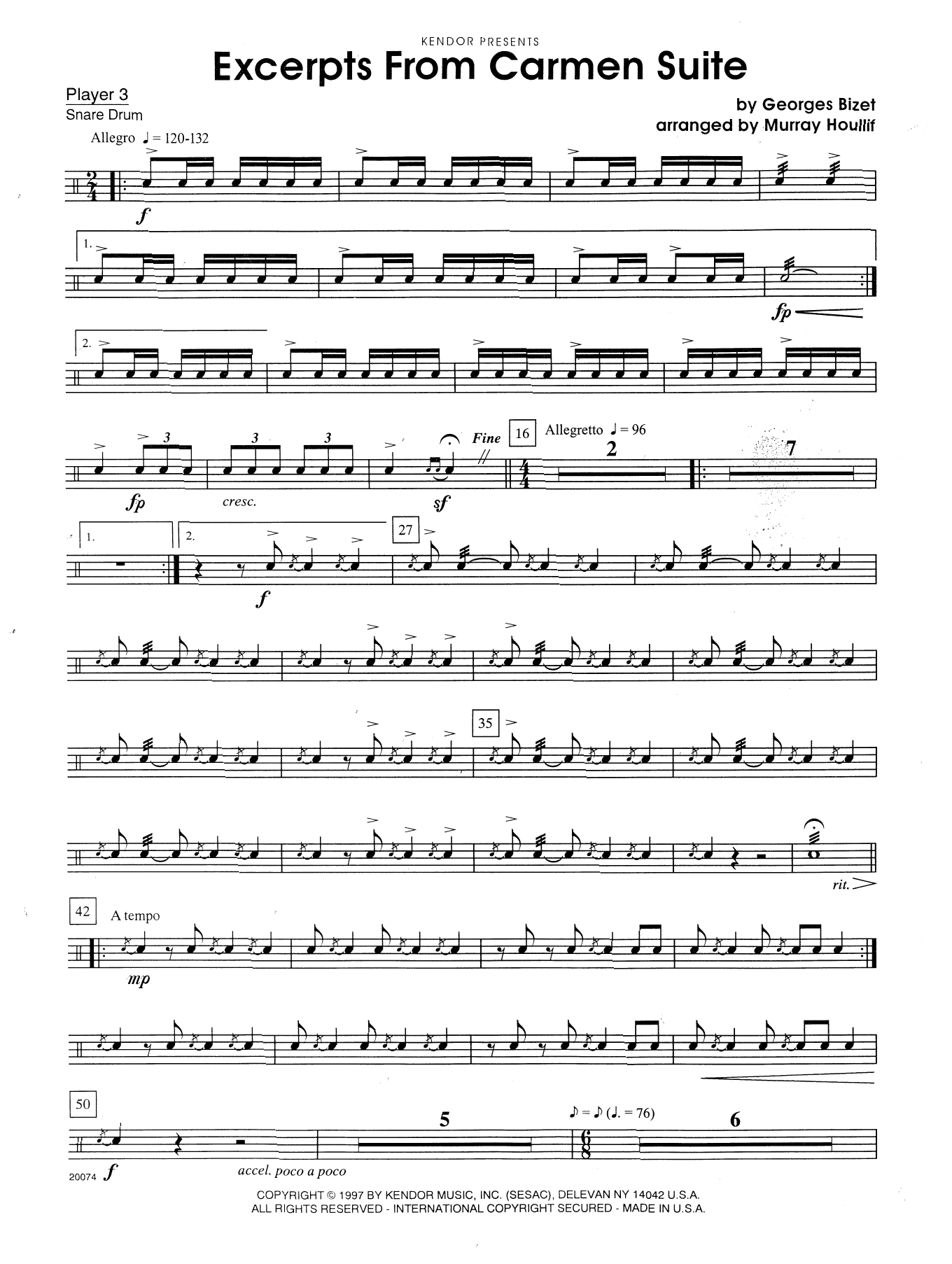 Excerpts From Carmen Suite Percussion 3 Sheet Music Murray Houllif