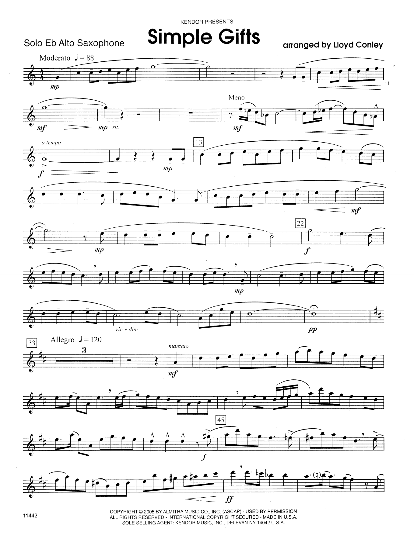 Simple Gifts Eb Alto Saxophone Noten Lloyd Conley Holzbläser solo