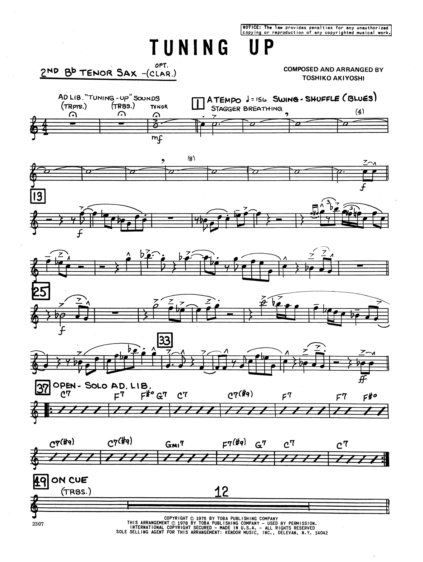 Tuning Up 2nd Bb Tenor Saxophone Sheet Music Toshiko Akiyoshi
