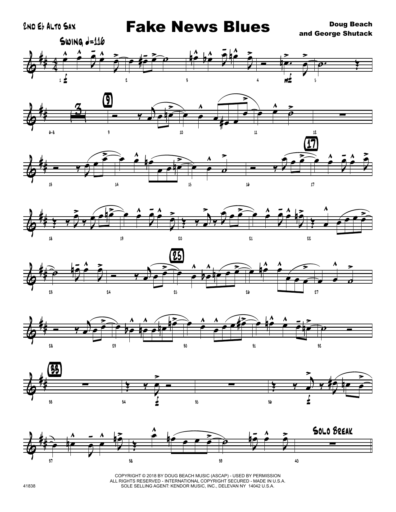 Fake News Blues 2nd Eb Alto Saxophone Sheet Music Doug Beach Jazz