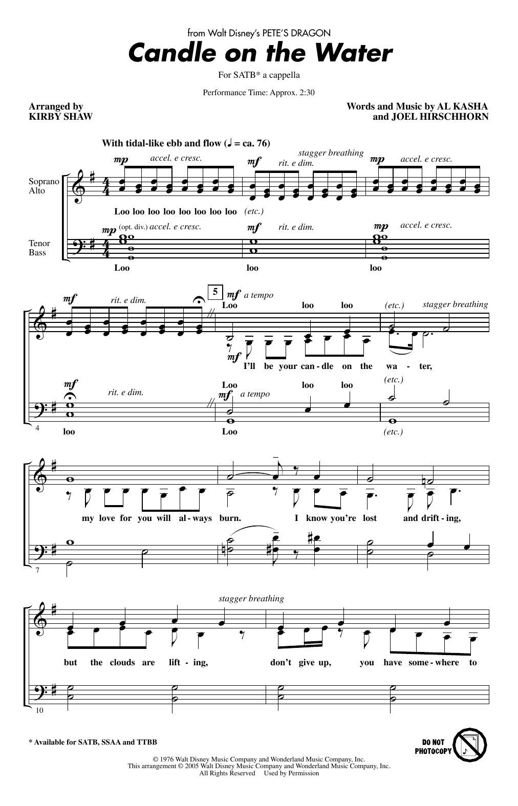 Candle On The Water (arr. Kirby Shaw)