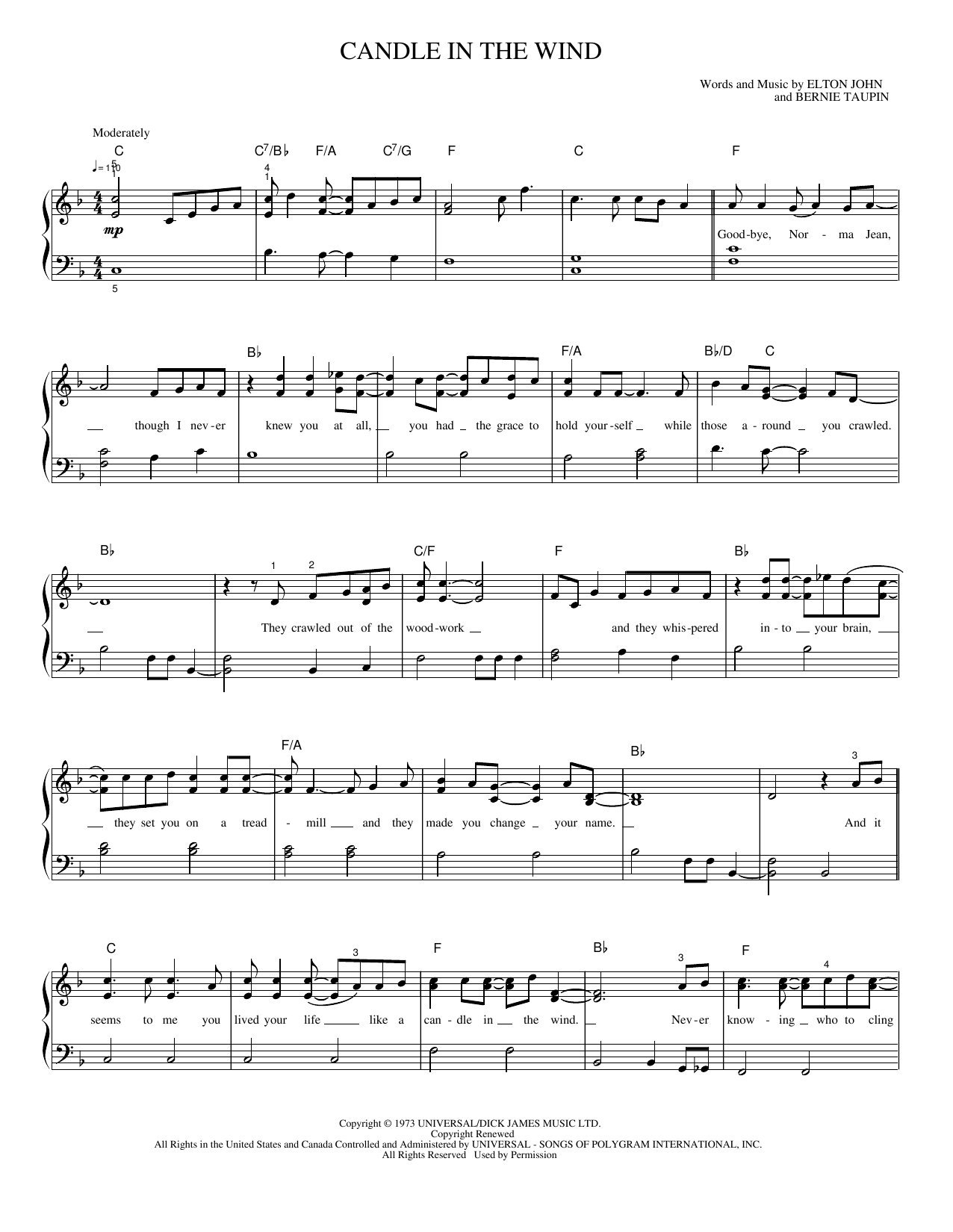 Candle In The Wind: Piano/Vocal/Guitar Sheet