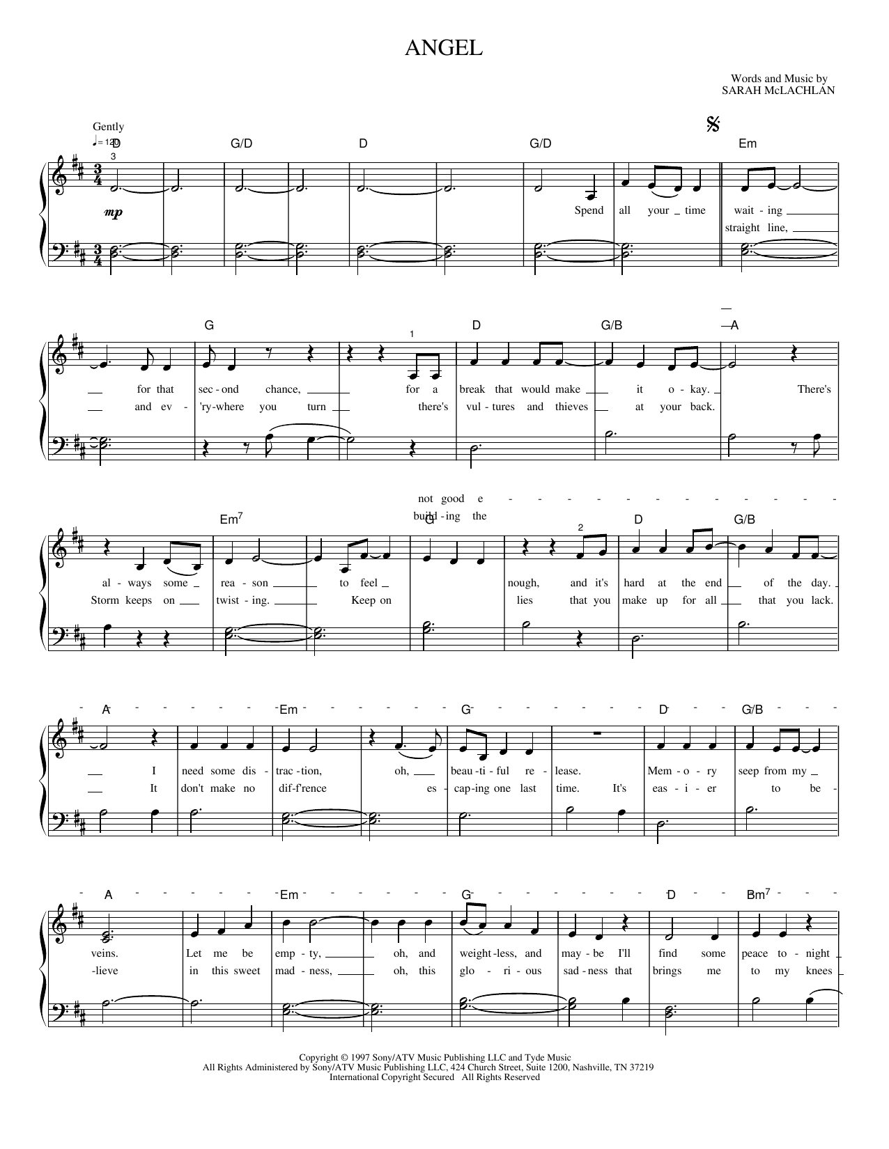 Angel: Piano/Vocal/Guitar Sheet