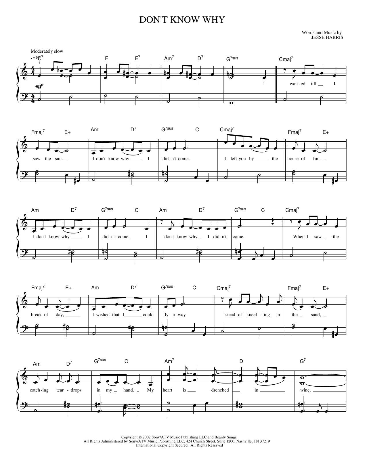 Don't Know Why: Piano/Vocal/Guitar Sheet