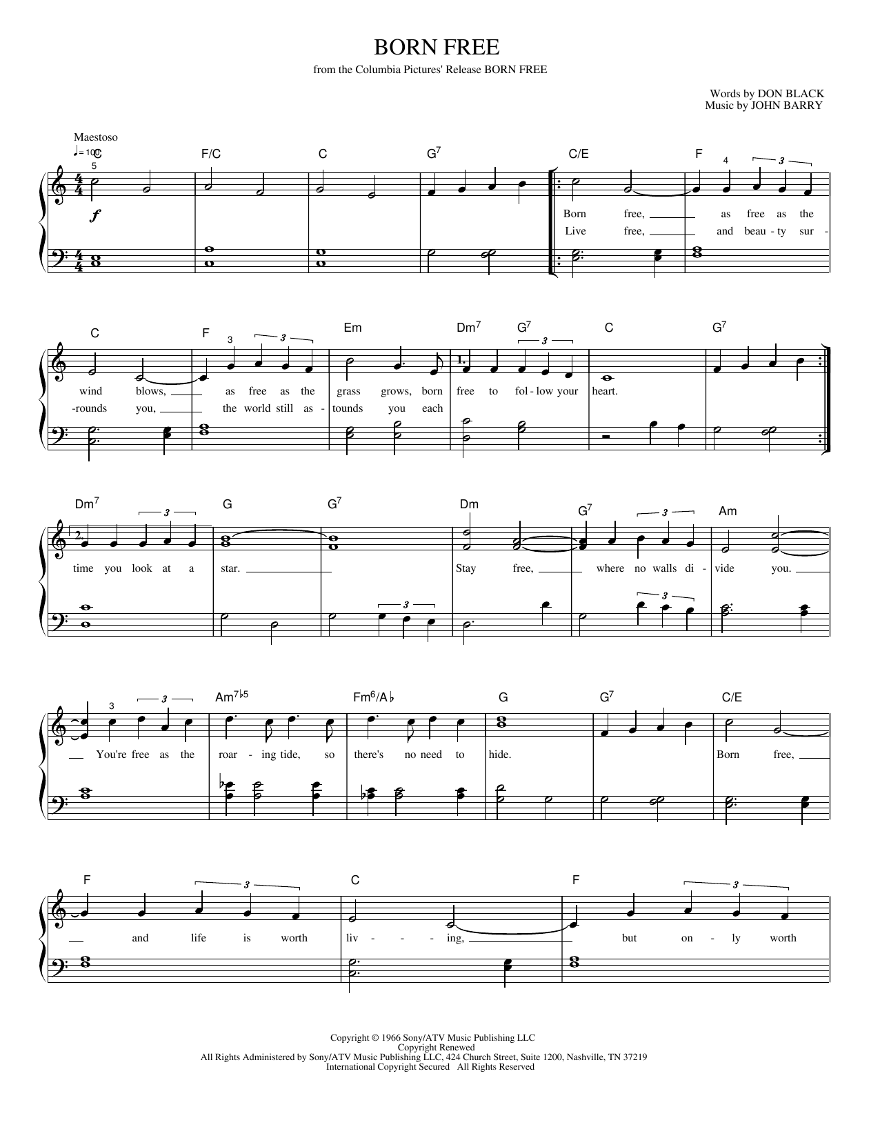 Born Free: Piano/Vocal/Guitar Sheet