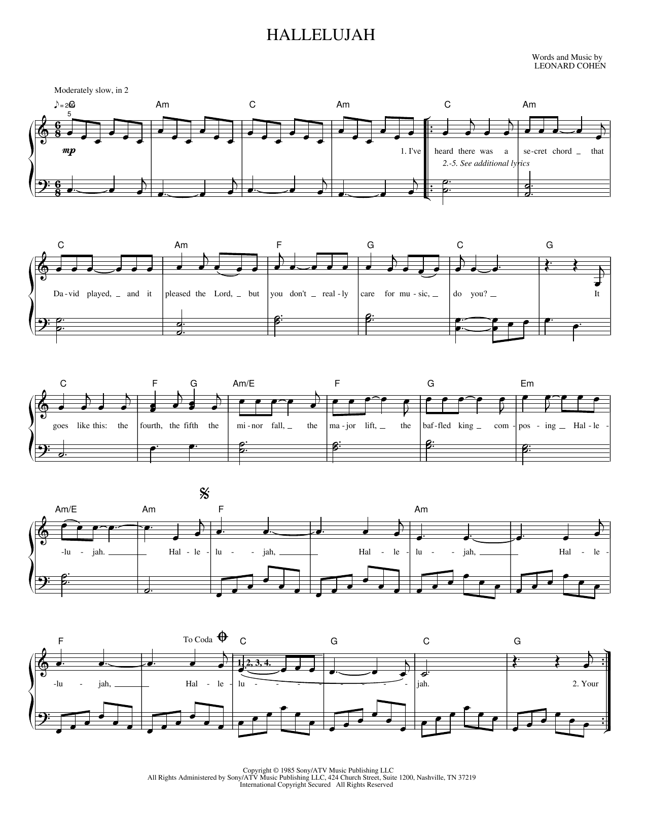 Hallelujah: Piano/Vocal/Guitar Sheet