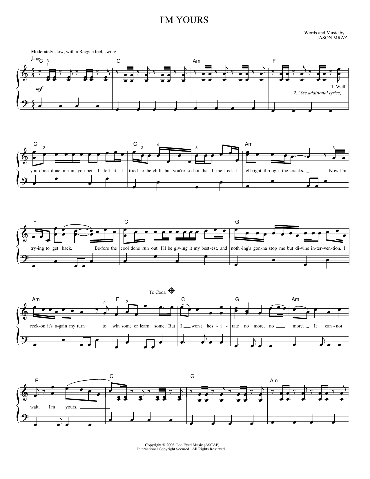 I'm Yours: Piano/Vocal/Guitar Sheet