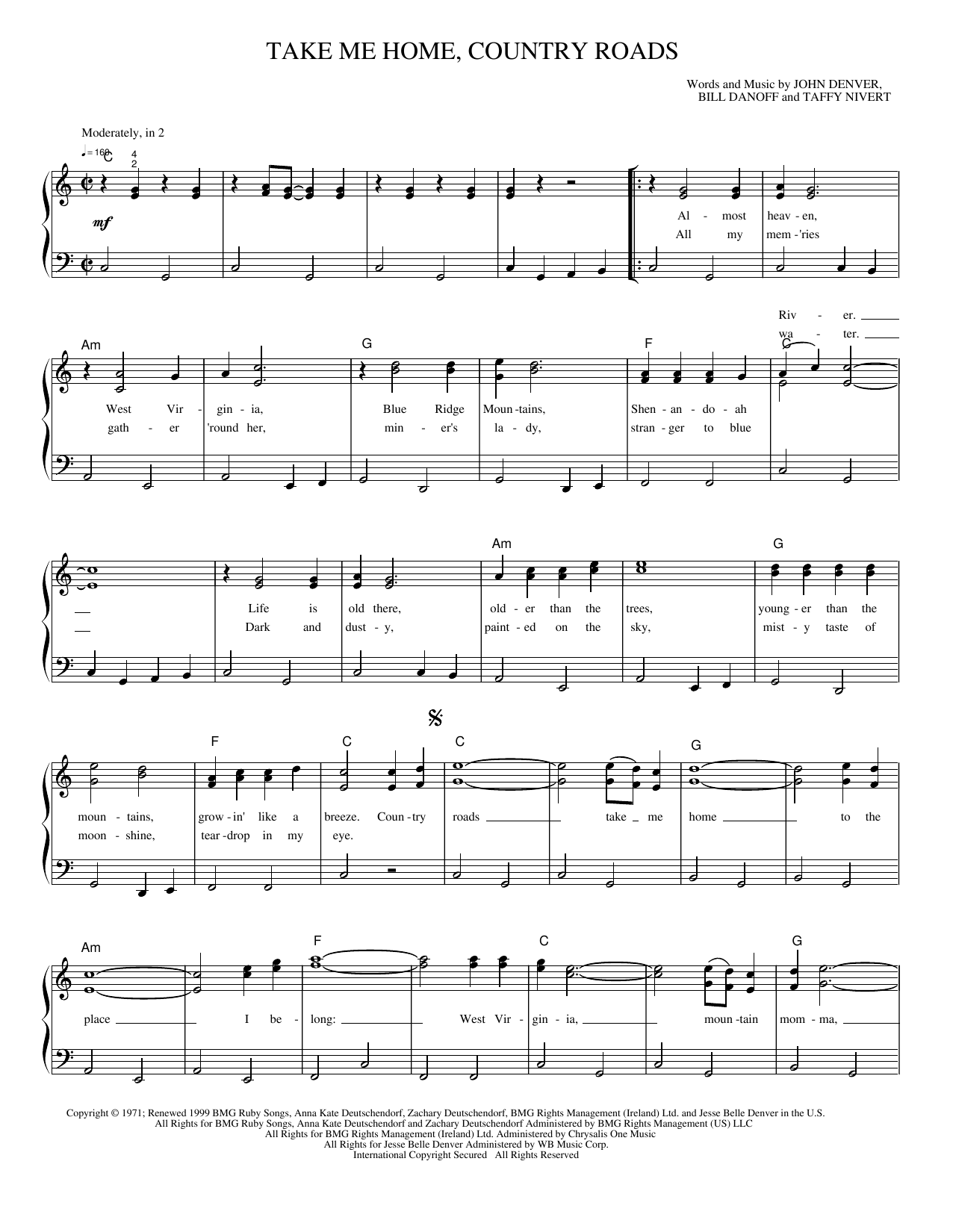 Take Me Home, Country Roads: Piano/Vocal/Guitar Sheet