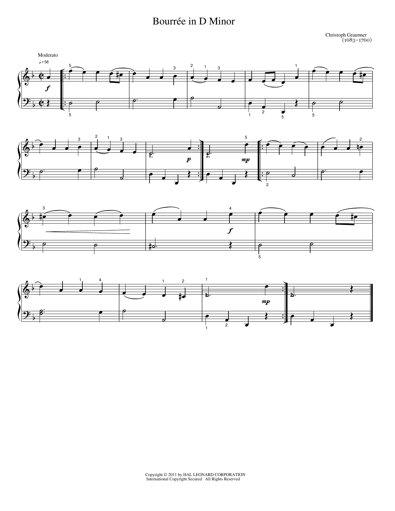 Bourree In D Minor: Easy Piano