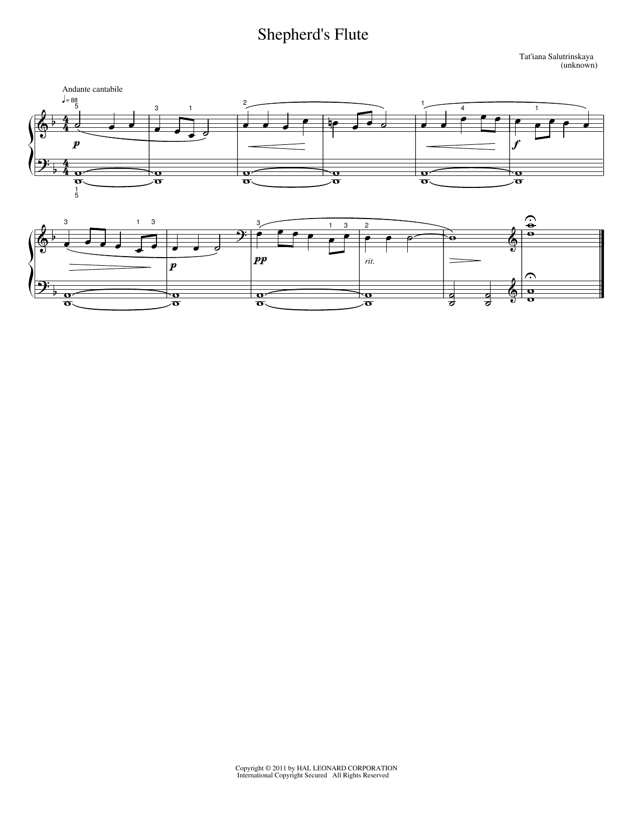 Shepherd'S Flute: Easy Piano