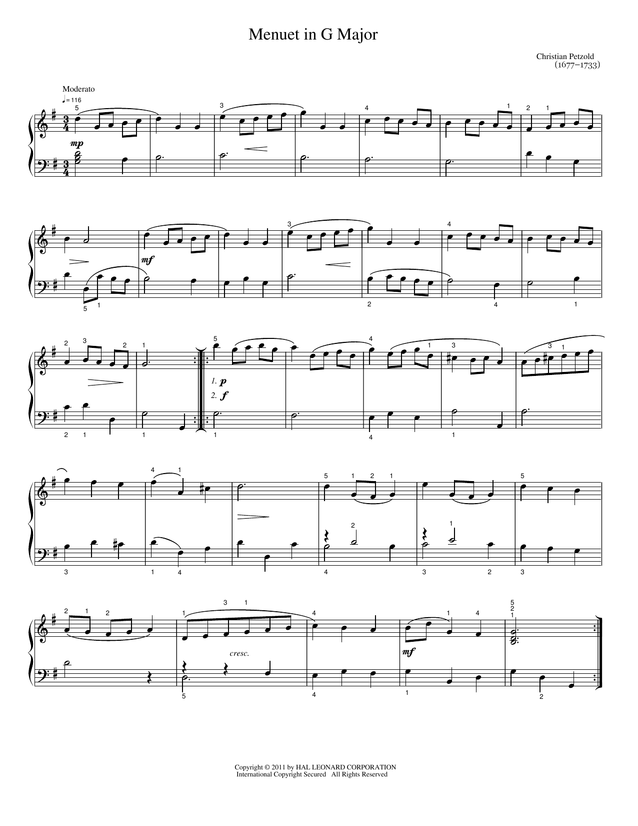 Menuet in G Major: Easy Piano