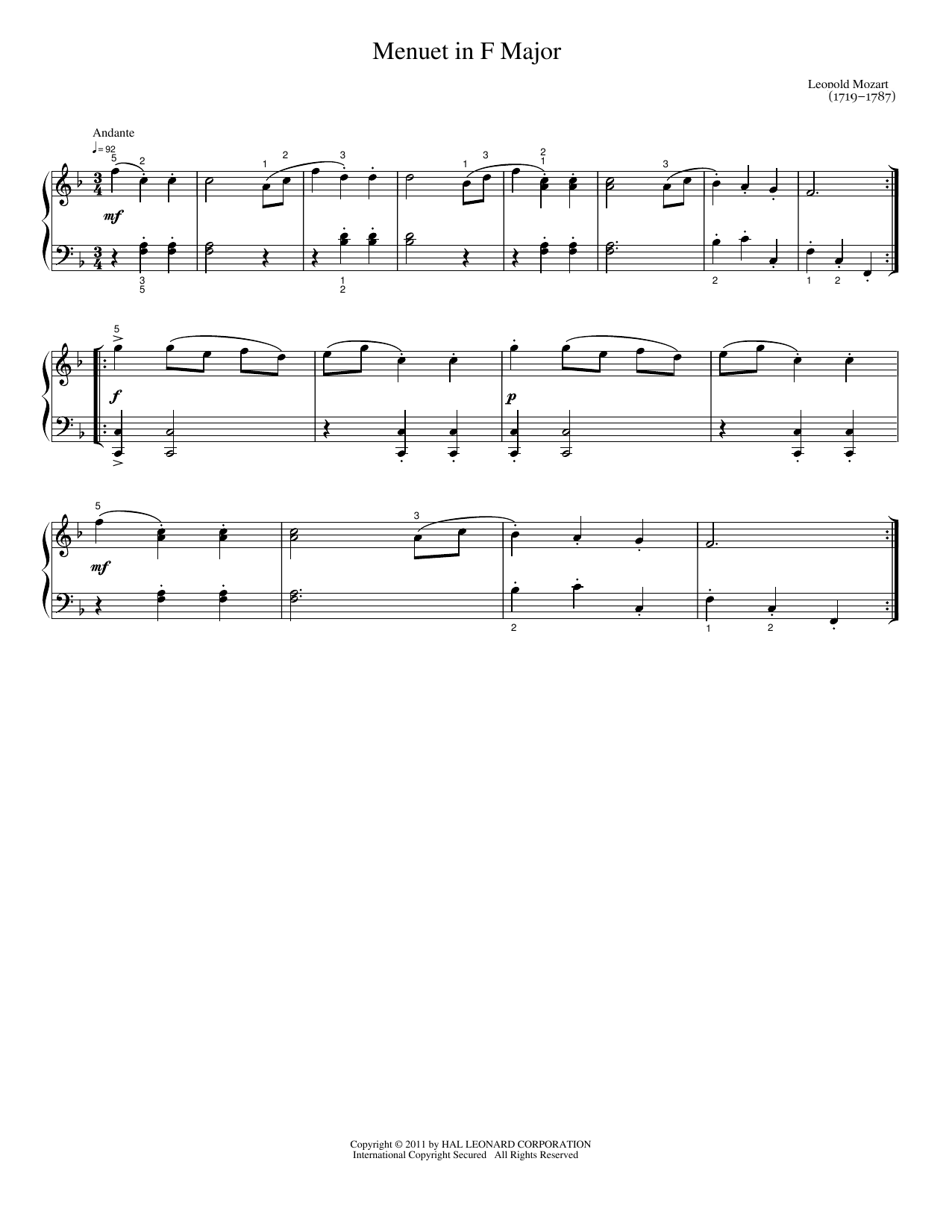 Menuet In F: Easy Piano