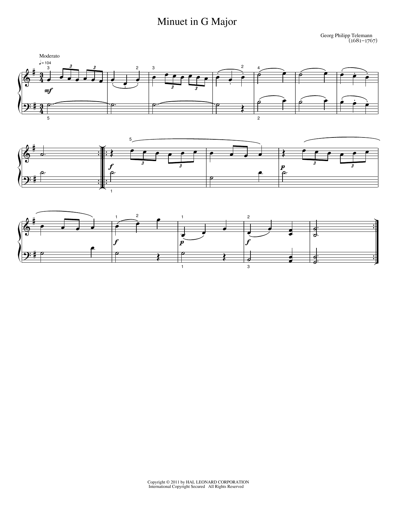 Menuet In G: Easy Piano