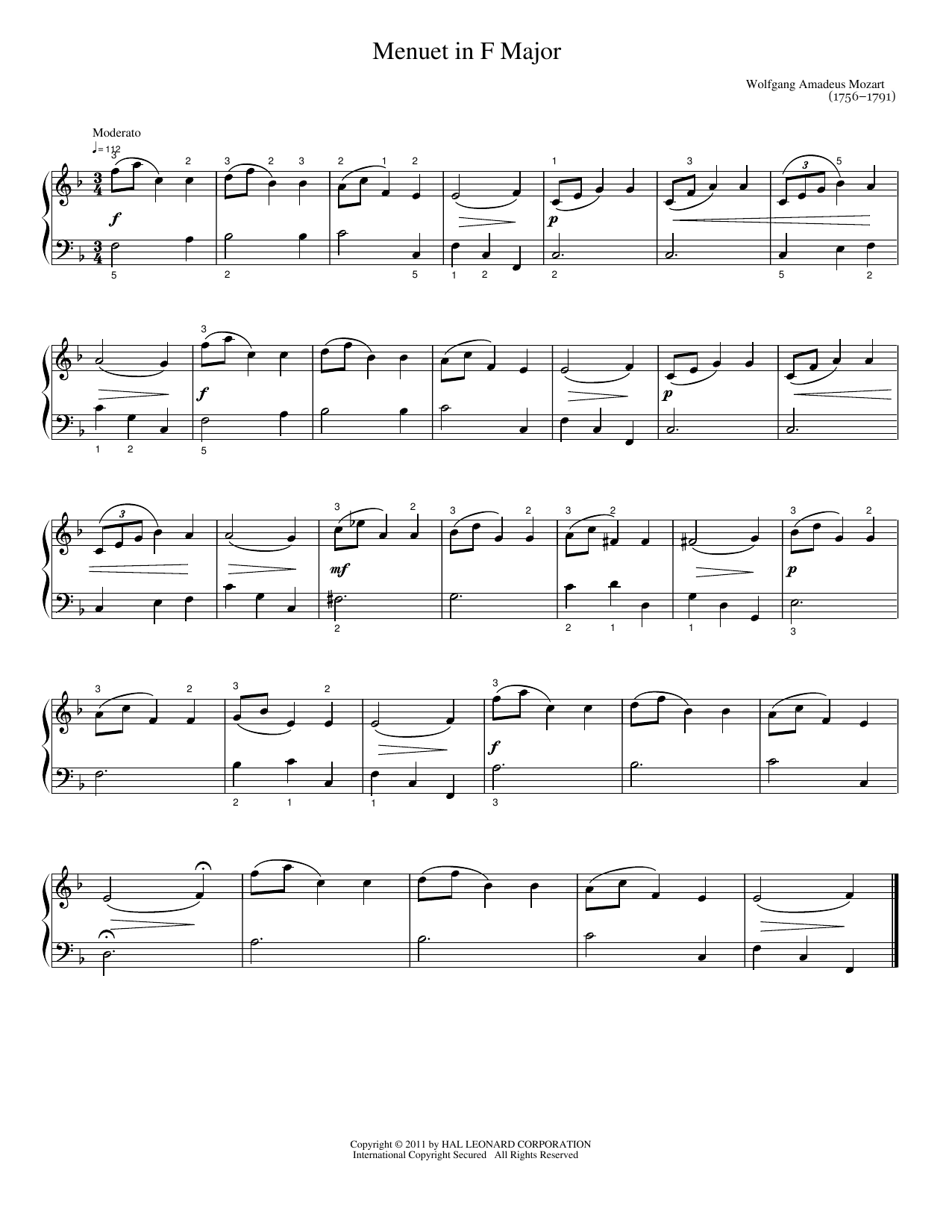 Menuet In F: Easy Piano