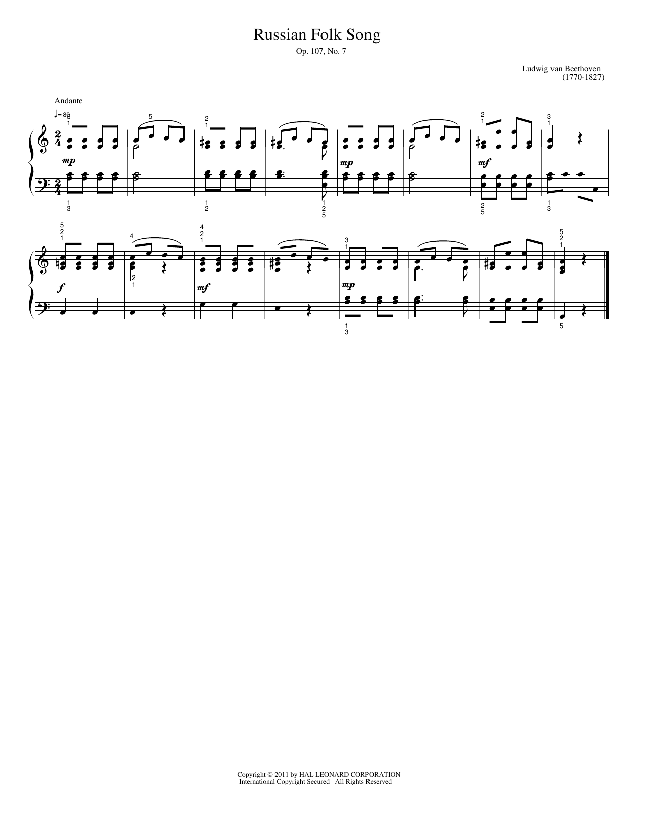 Russian Folk Song: Easy Piano