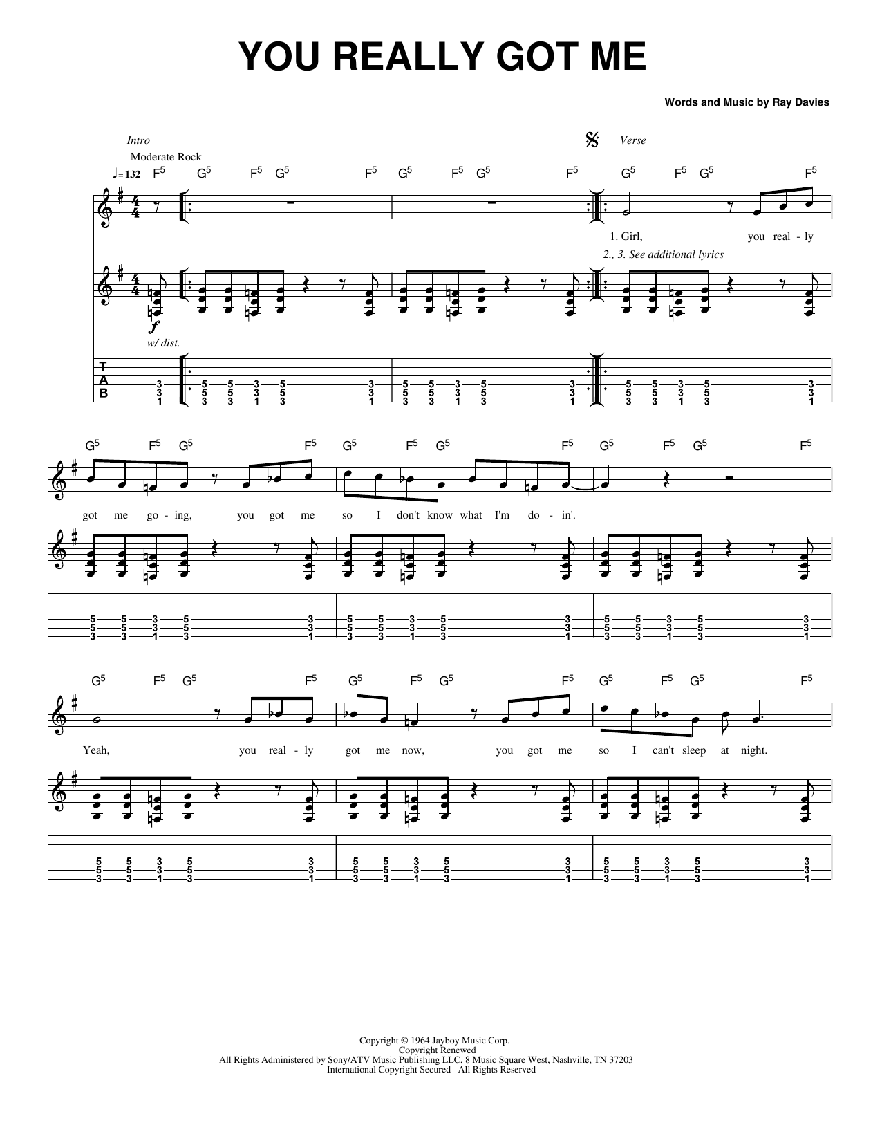 You Really Got Me: Guitar Tab