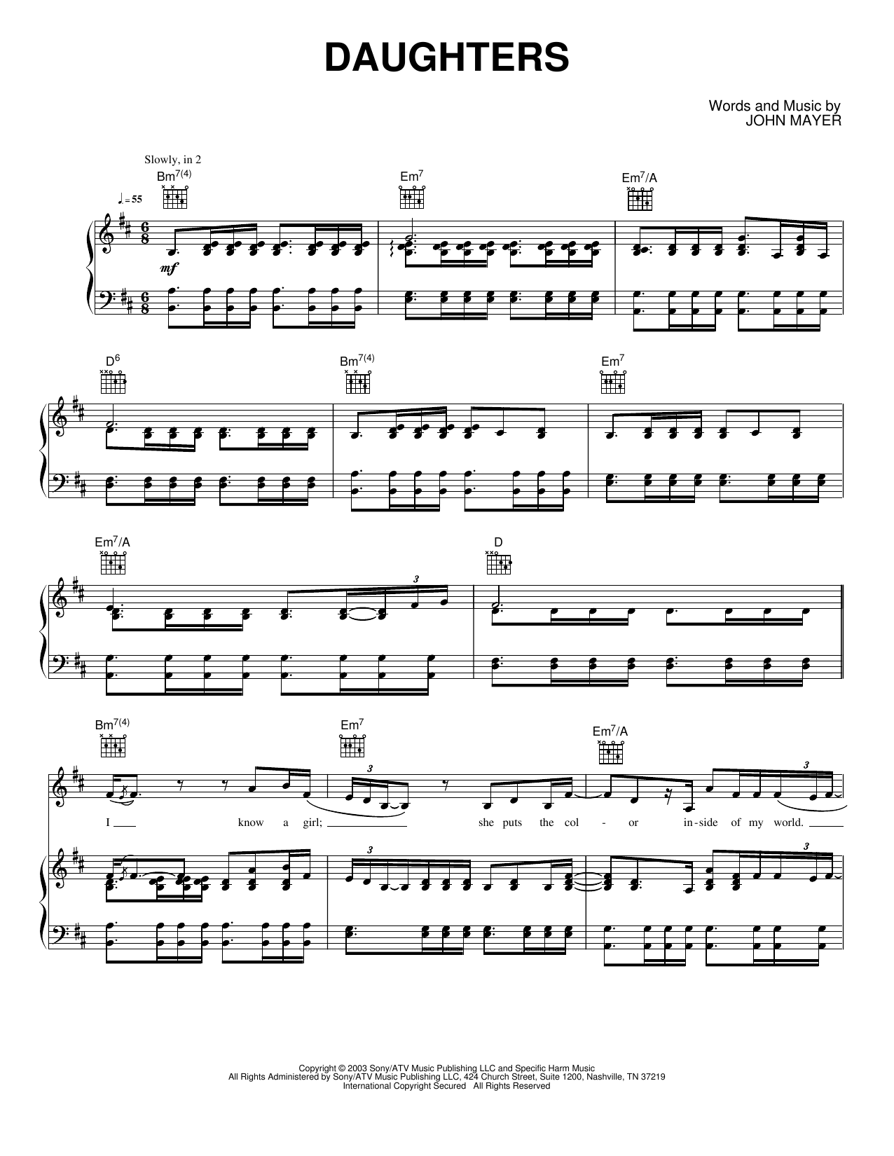 Daughters: Piano/Vocal/Guitar Sheet