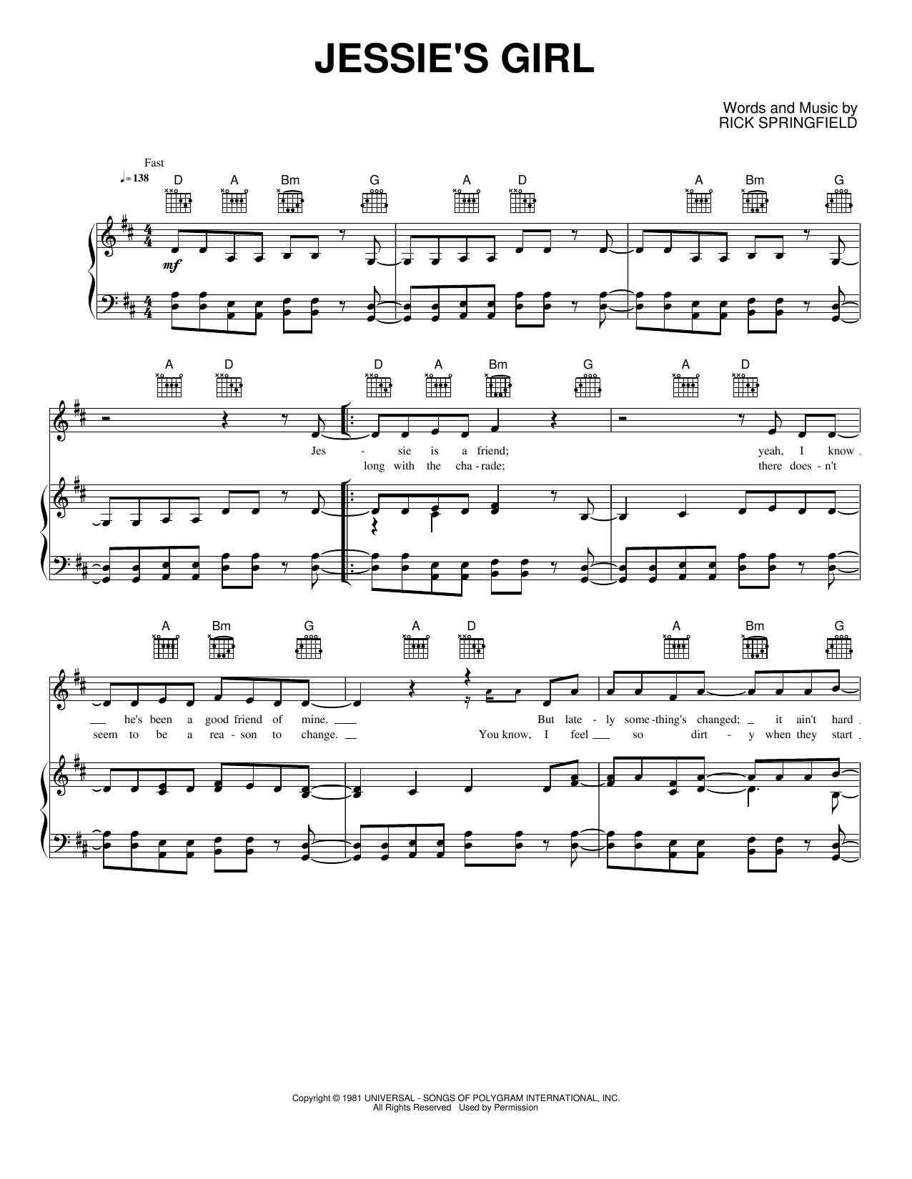 Jessie's Girl: Piano/Vocal/Guitar Sheet
