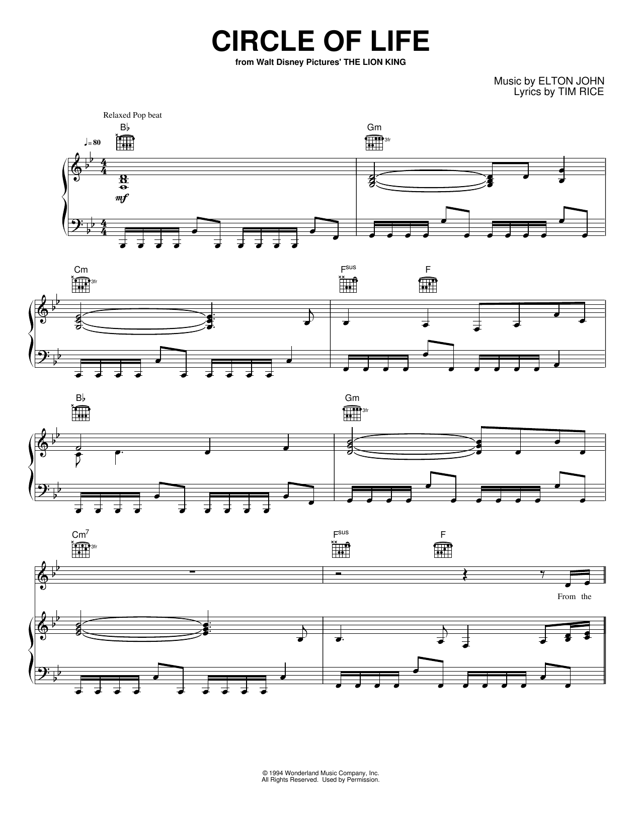 Circle of Life: Piano/Vocal/Guitar Sheet