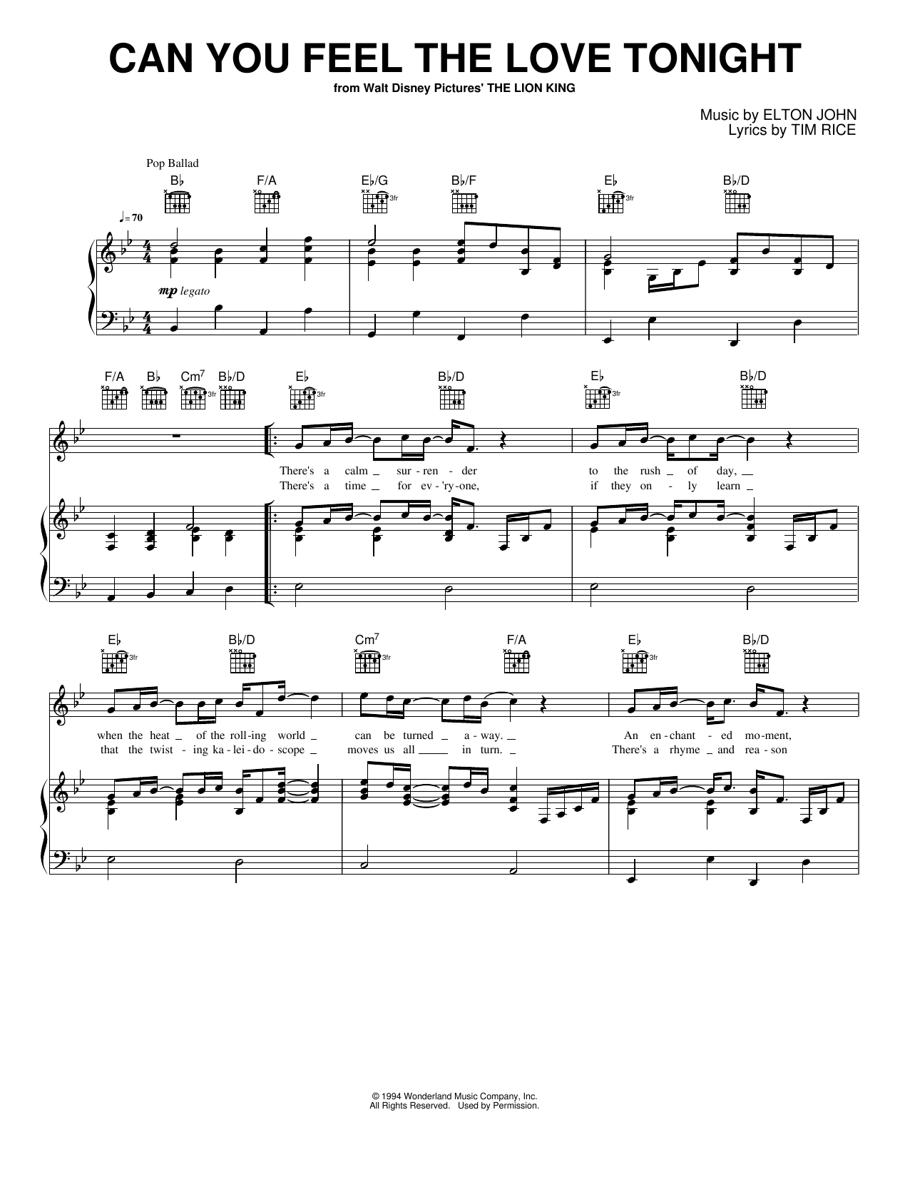 Can You Feel the Love Tonight: Piano/Vocal/Guitar Sheet