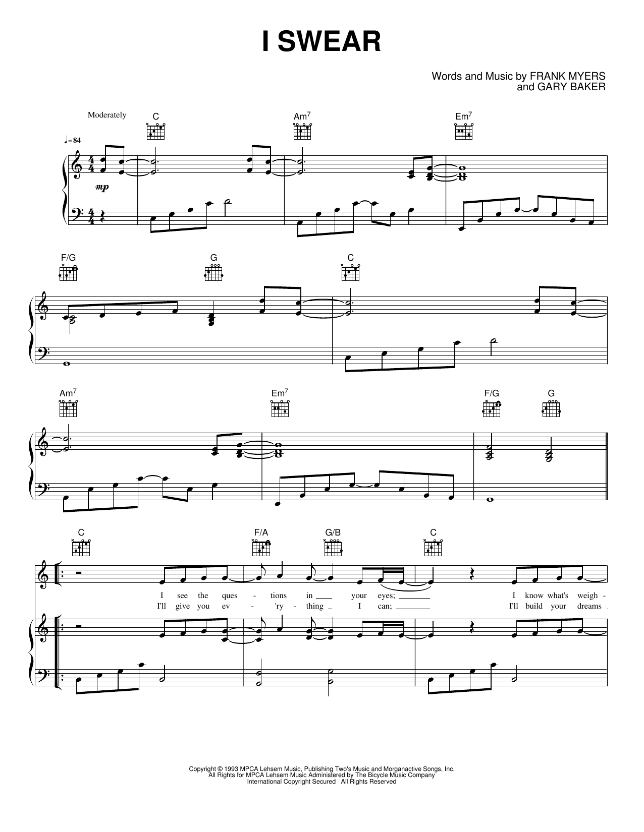 I Swear: Piano/Vocal/Guitar Sheet