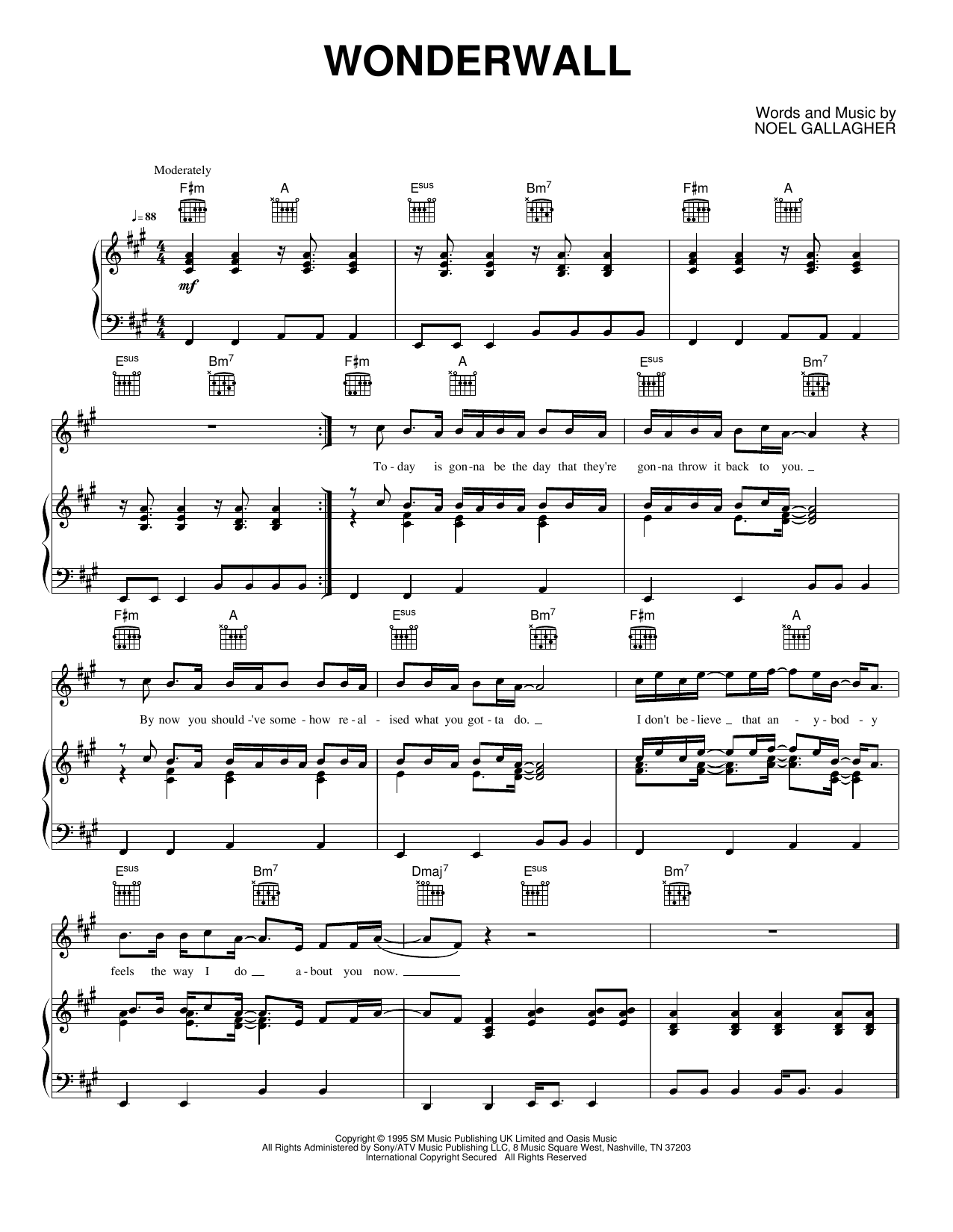 Wonderwall: Piano/Vocal/Guitar Sheet
