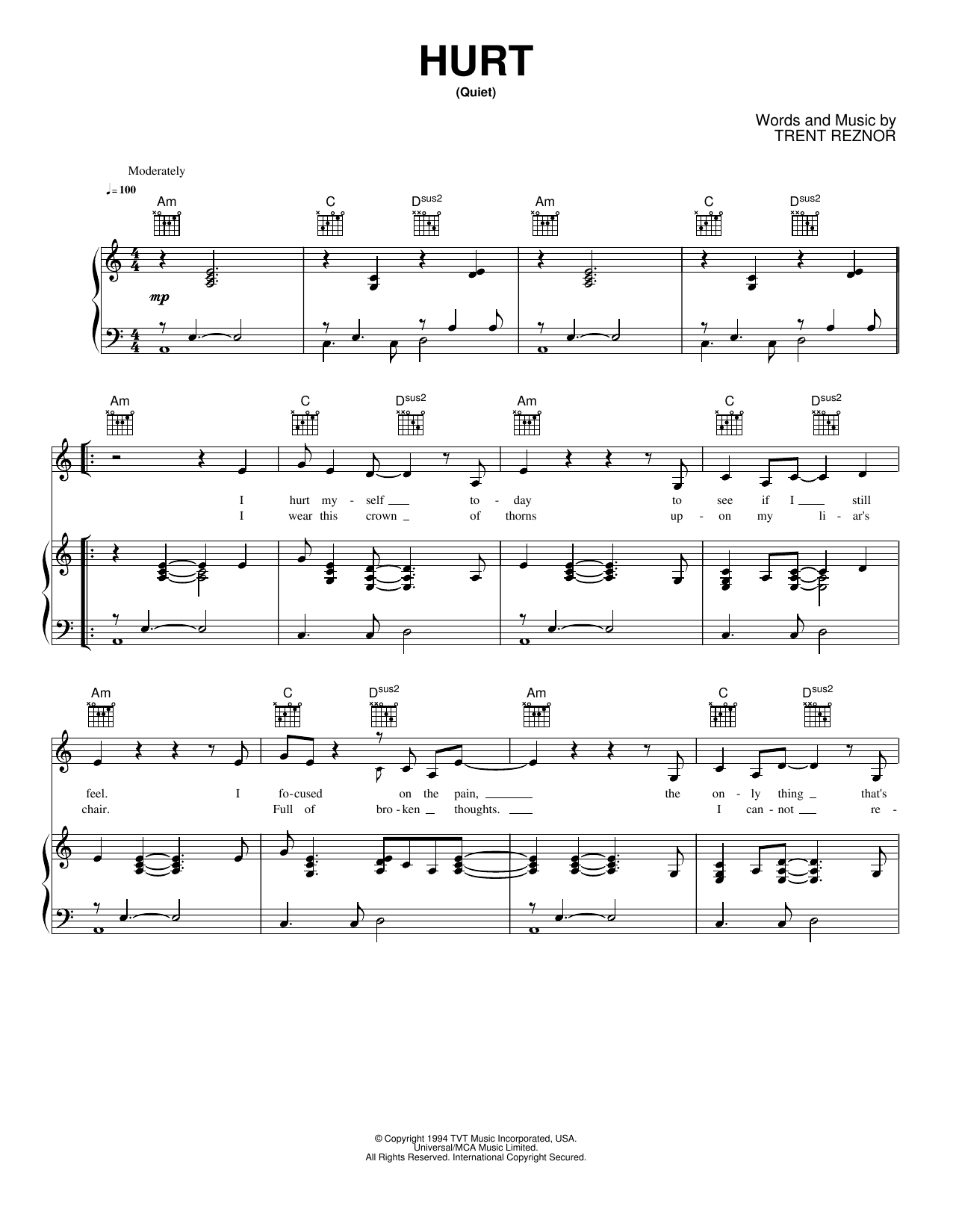 Hurt (quiet): Piano/Vocal/Guitar Sheet